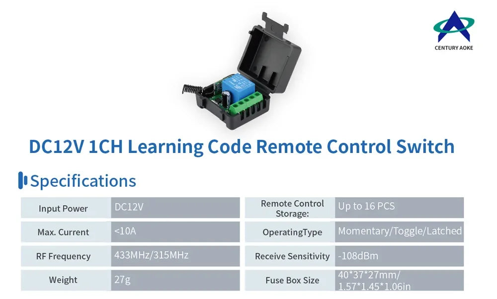 433MHz Wireless DC 12V Remote Control Switch 1CH RF 10A Relay Receiver and 2CH Transmitter For Door Electromagnetic Lock DIY