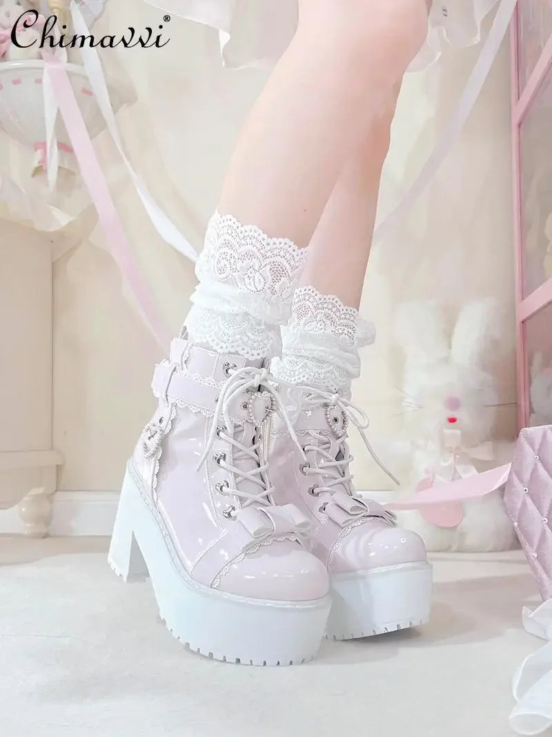 Japanese Mine Lolita Short Boots for Women Mass Production Love Rhinestone Buckle Bow Round Head Platform Boots Sweet Shoes