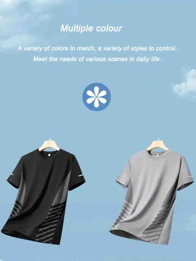 Running T-shirt Men Summer Ice Silk Thin Top Reflective Printing Quick Dry Short Sleeve Breathable Fitness Sports T-shirt 5XL