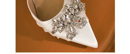2025 Autumn New White French High Heels Pointy Rhine-Diamond Thin Heel Not Tired Foot Single Shoes Wedding Shoes