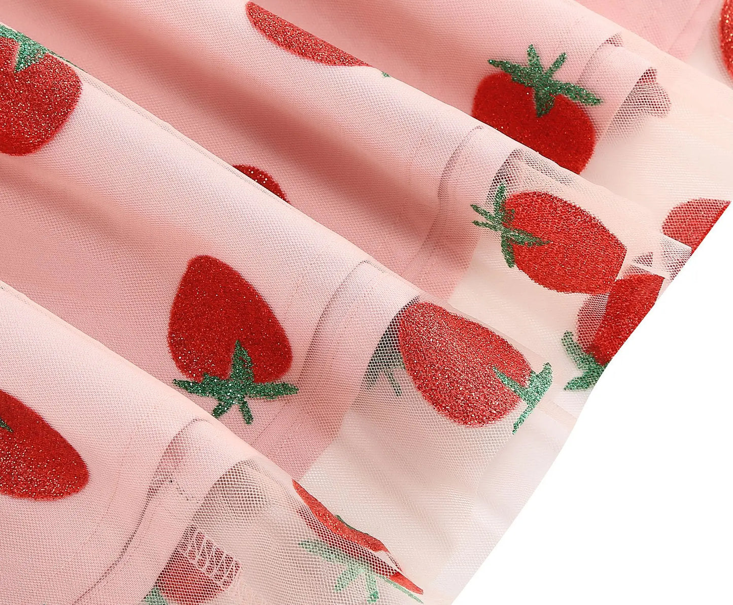 Knot Strap Strawberry Patchwork Vintage Dress 2025 Heart Flocking Valentine's Day Dress Women Birthday Party Pleated Mesh Dress
