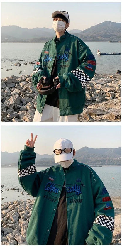 Embroidery Fashion Streetwear Racer Jackets Men Women Y2K HipHop Motorcycle Plaid Vintage Bomber Harajuku Autumn Jackets Coat