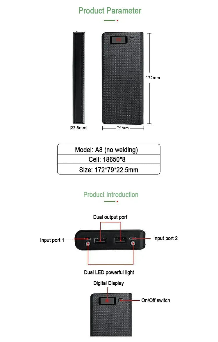 Dual USB Power Bank Battery Box Case 8*18650 LED DIY Shell Case Charging Storage Battery Holder Mobile Phone Charger For Xiaomi