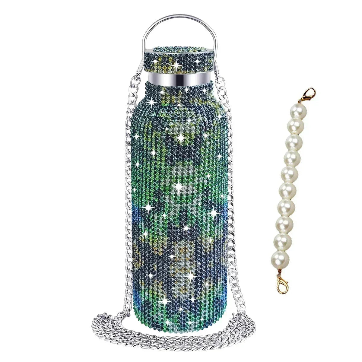 350/500/750/1000ml Luxury Rhinestone Thermos Bottle 2pcs Chain Portable Water Bottle Double Wall Stainless Steel Thermal Flask
