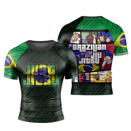 Brazil Jiu-Jitsu Rash Guard,Men Women Short Sleeve Compression Training Shirt with Brazil Flag Print Quick-Drying Sports T-shirt