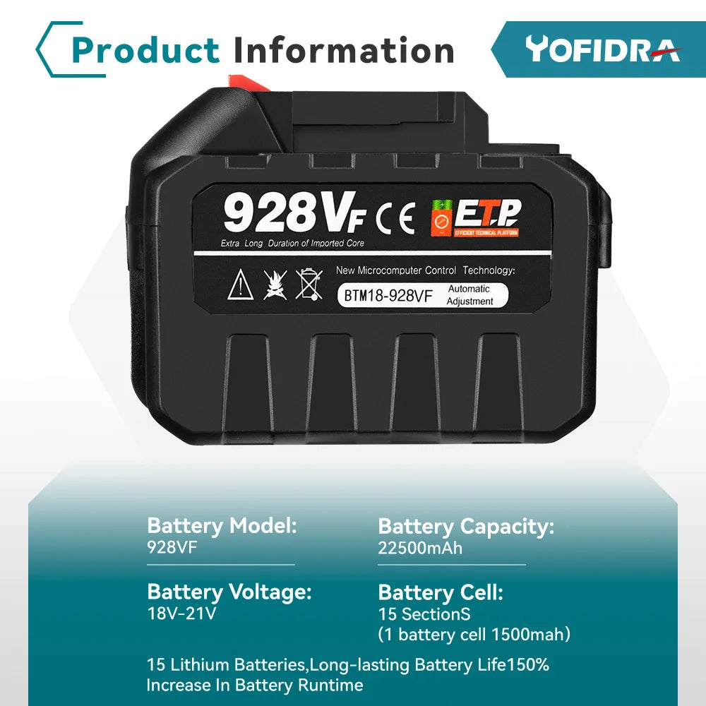 YOFIDRA 928VF 22500mAh Rechargeable Lithium Ion Battery 388VF 15000mAh 128VF Li-ion Battery For Electric Work Power Tool