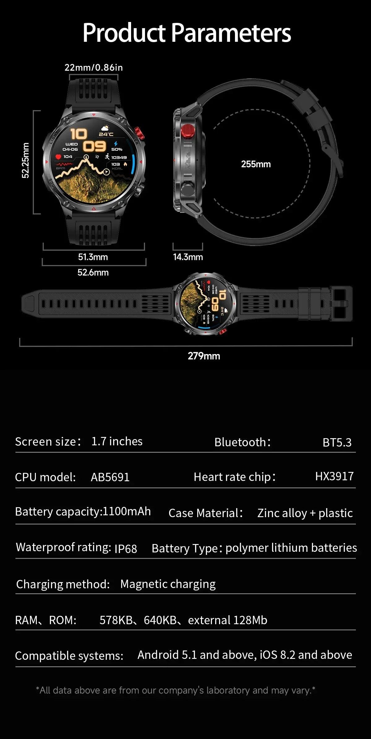 2026 Edition Military Outdoor Sports Smartwatch 1.7-inch AMOLED screen 1100 mAh battery LED flashlight Bluetooth call Waterproof