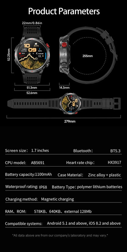 2026 Edition Military Outdoor Sports Smartwatch 1.7-inch AMOLED screen 1100 mAh battery LED flashlight Bluetooth call Waterproof