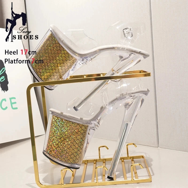 New Pattern Superior Quality Super High Heel Ladies Shoes High Heel Ladies Shoes 17CM/7inches Crystal Thin Heels Sandals Wedding
