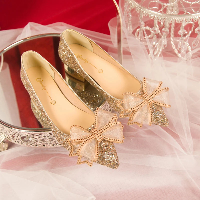 Crystal Butterfly-knot Flat Wedding Shoes Slip  Shoes Women Shiny Gold Silver Bridal Shoes Beaded  Flat Heels Med (3cm-5cm)