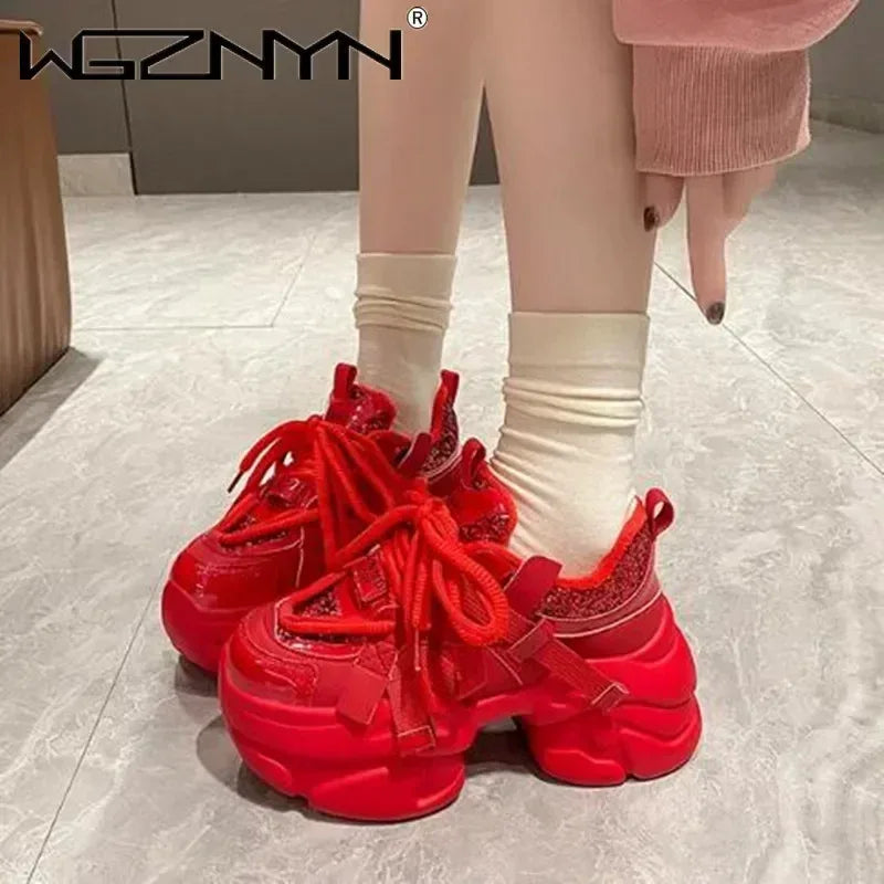 8CM Women Bling Red Chunky Sneakers Winter High Platform Warm Fur Shoes Ladies Wedges Casual Dad Shoes Leather Sports Sneakers
