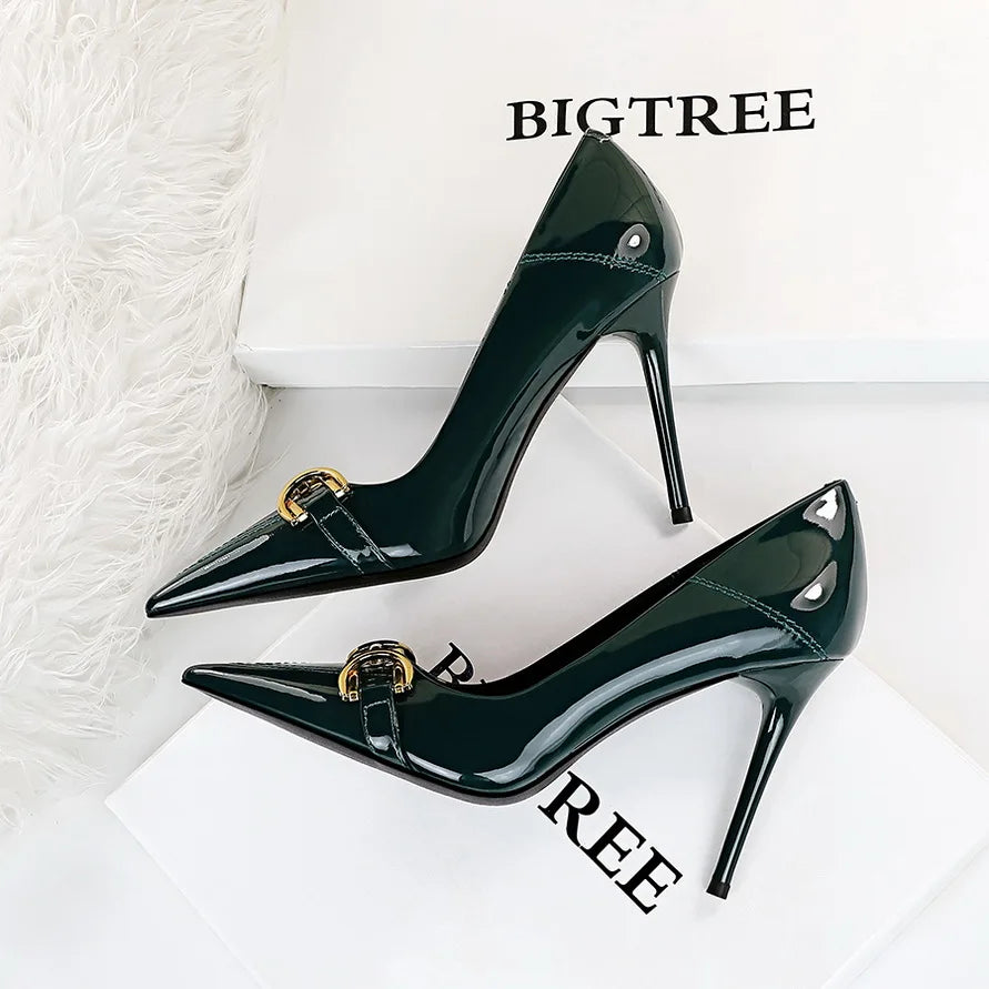 Luxury Design Women 10cm High Heels Metal Buckle Green Pumps Lady Plus Size Wedding Stiletto Heels Party Nude Replica Prom Shoes