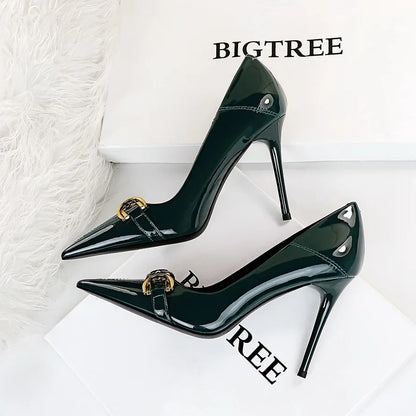Luxury Design Women 10cm High Heels Metal Buckle Green Pumps Lady Plus Size Wedding Stiletto Heels Party Nude Replica Prom Shoes