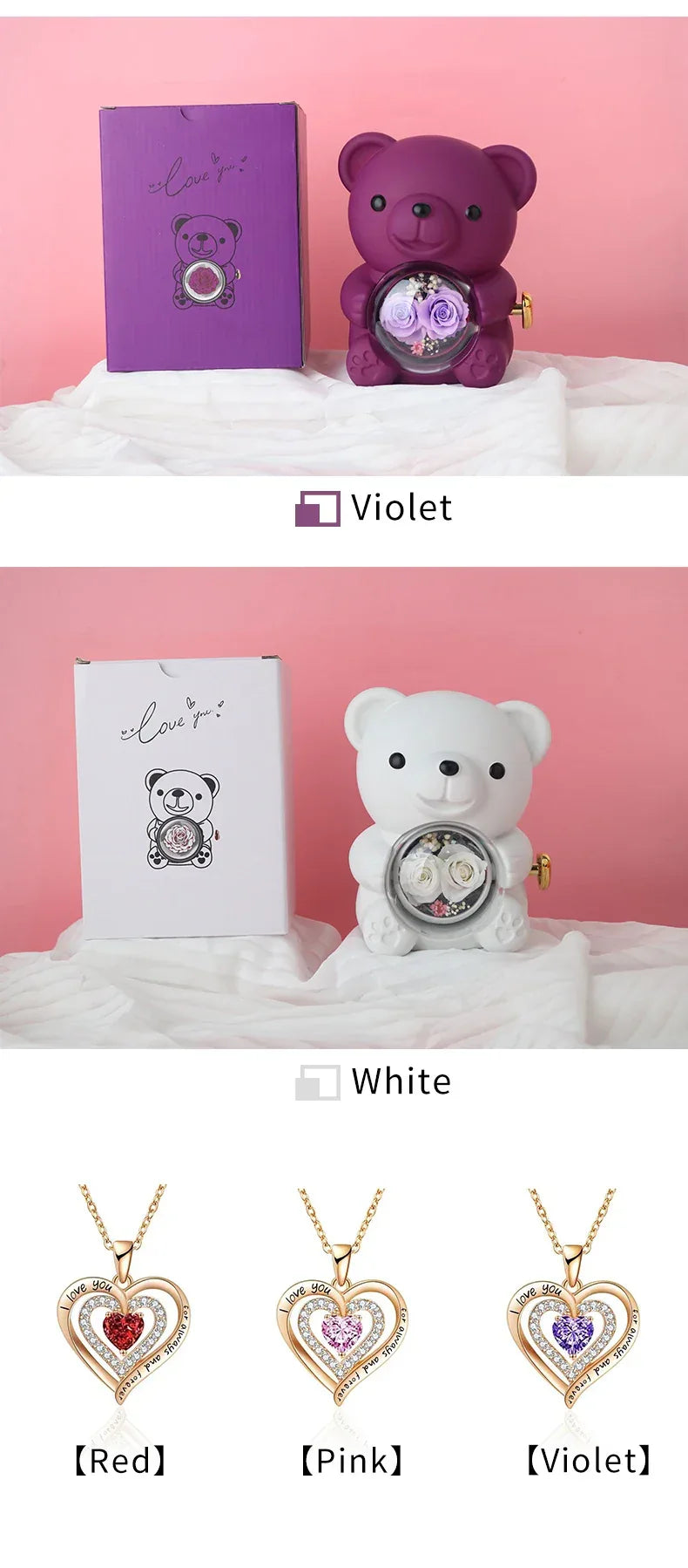 Cute Teddy Bear Design Jewelry Box for Girlfriend, Wife, Mother's Day, Birthday, Valentine's Day Surprise Heart Necklace