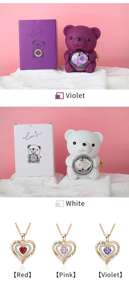 Cute Teddy Bear Design Jewelry Box for Girlfriend, Wife, Mother's Day, Birthday, Valentine's Day Surprise Heart Necklace