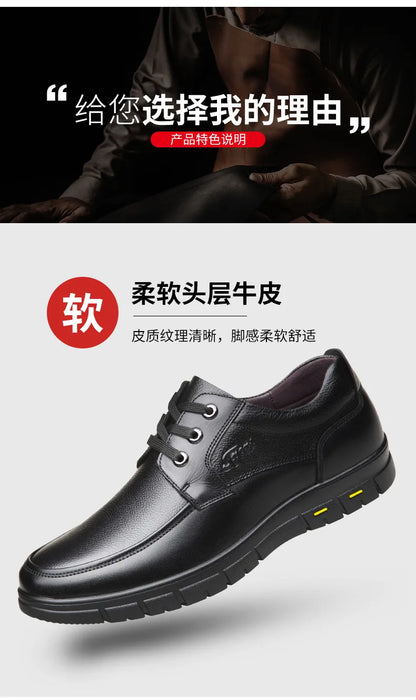 Autumn Men's Leather Shoes True Cowhide Flat Bottom Anti-Slip Plus Size Casual Elderly Father Shoes Rubber Sole China Made