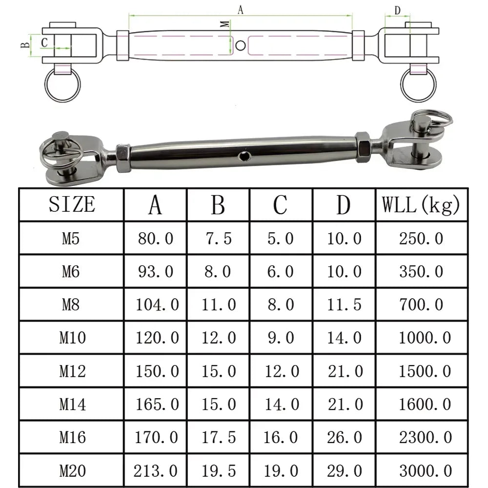 304 Stainless Steel Marine Closed Body Jaw Turnbuckle M5 M6 M8 M10 M12 M14 M16 for Rigging Screw Jaw Barrel Strainers