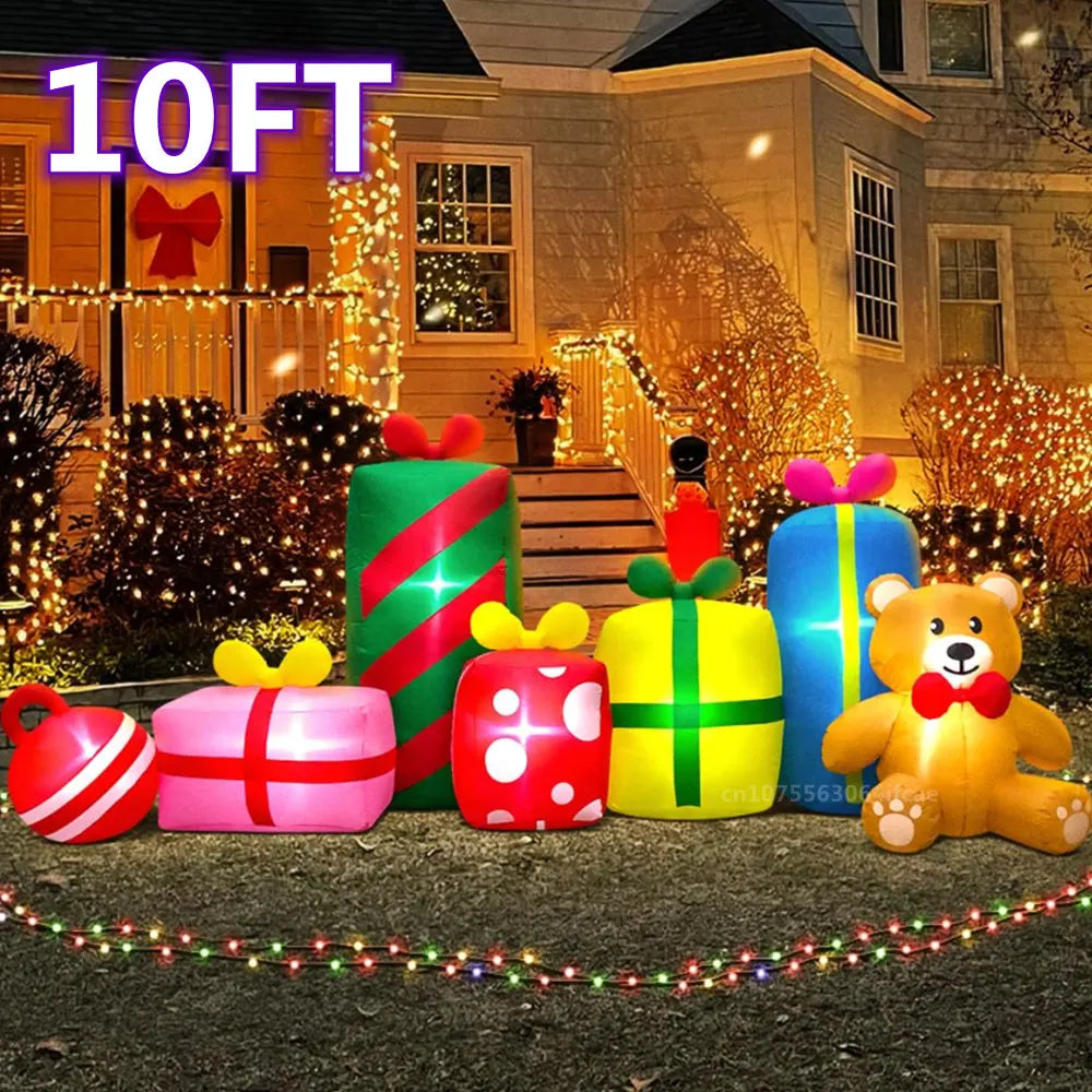 3M Christmas Inflatables Bear And Six Gift Boxes Built-in LED Lights Inflated Model Toy Outdoors Xmas Festival Party Yard Props