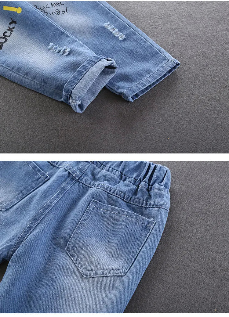 Spring Autumn Children Jeans  Boys Cotton Print Splice Stretch Denim Pants Korean Teenage Trousers Wear Kids ClothingDenimRipped