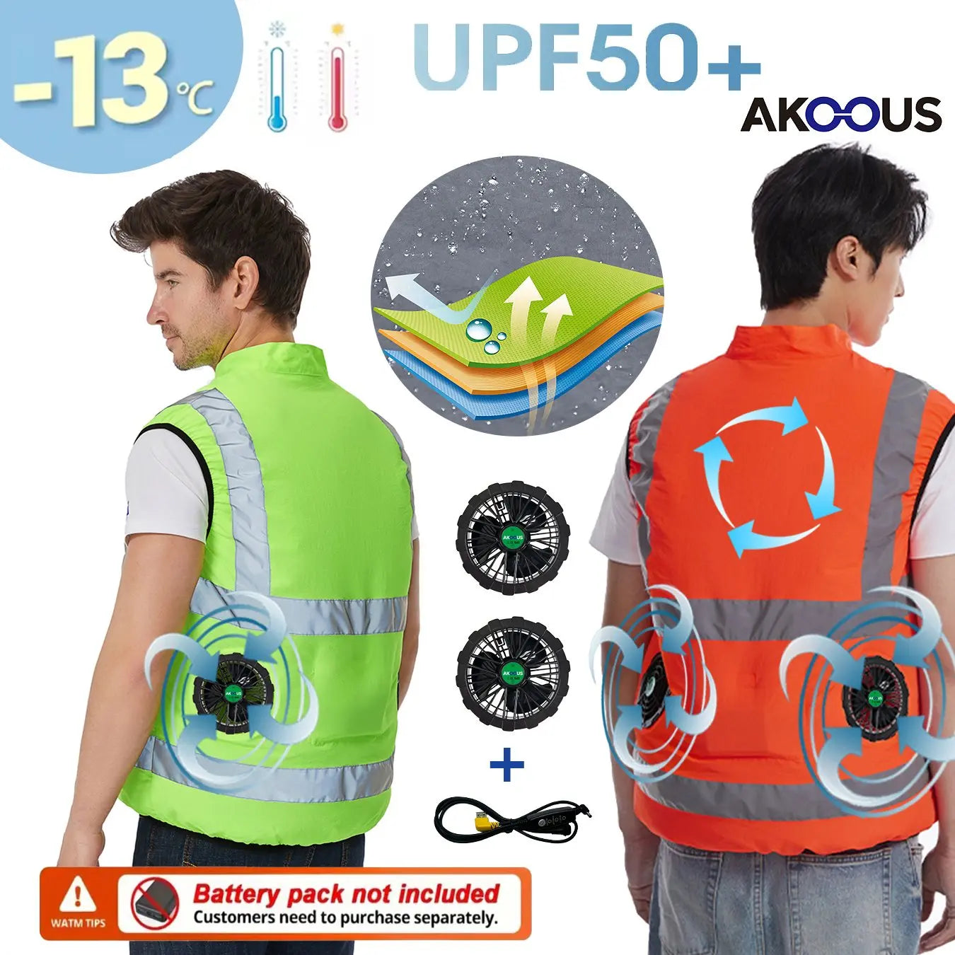 AKOOUS 6500 RPM 12V/5V USB 3-Fans Cooling Vest Air Conditioned Clothes Men Women Outdoor Work Fishing Body Cooling Jacket