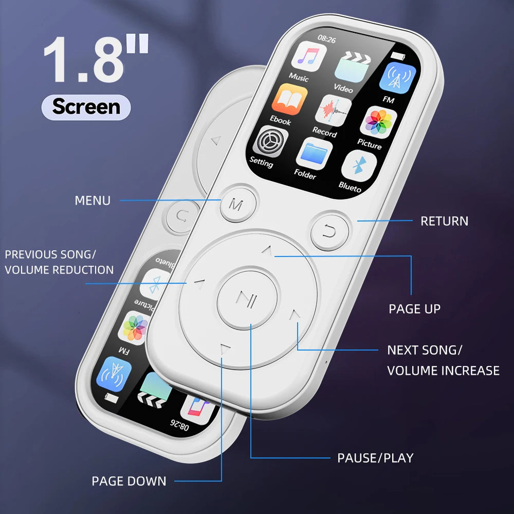 2026 New 1.8 inch Slim MP3 Player Bluetooth 5.4 — Portable Walkman, Compatible eBook Recording FM Radio Music Player