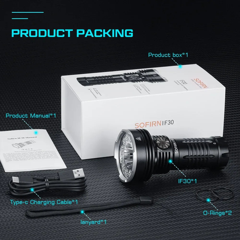 Sofirn IF30 Powerful  USB C Rechargeable EDC Flashlight IPX8 Waterproof 32650 12000lm SFT40 Lamp Portable Torch