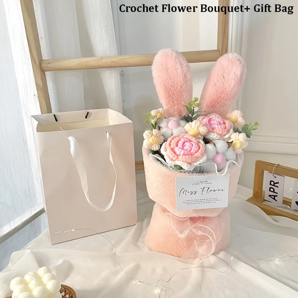 Rabbit Ears Crochet Flower Bouquet Handmade Completed Flower Bouquet with Gift Bag Creative Knit Rose Bouquet for Mother's Day
