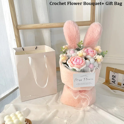 Rabbit Ears Crochet Flower Bouquet Handmade Completed Flower Bouquet with Gift Bag Creative Knit Rose Bouquet for Mother's Day