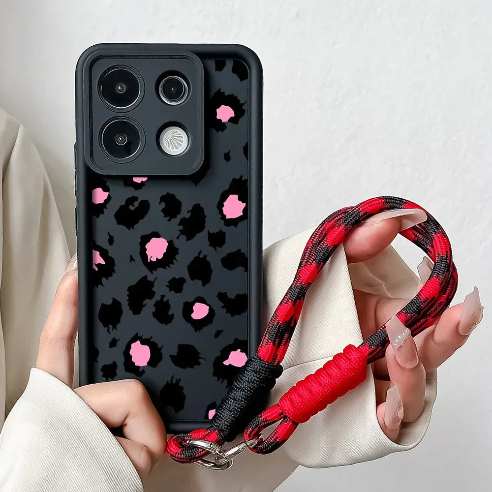 Phone Case For Xiaomi 14T 12T 13T 11T 15 14 12 13 Poco X6 X5 X3 F3 F5 Pro Lite Leopard Print Wrist Chain Lanyard Hang Strap Case