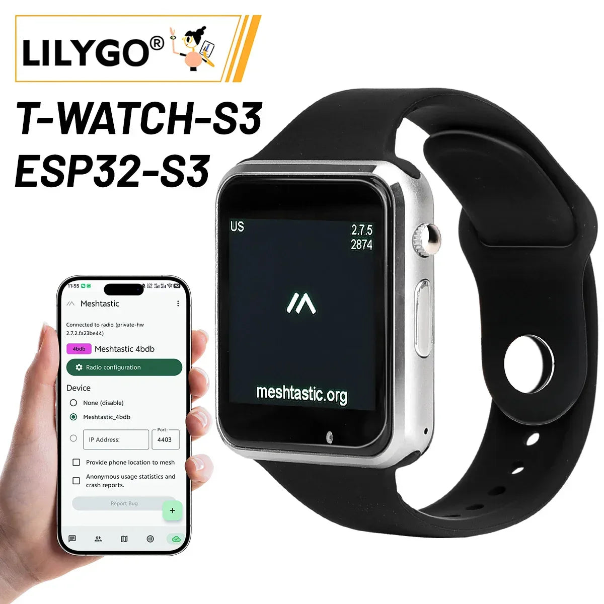 LILYGO T Watch S3 Lora Meshtastic Tracker ESP32-S3 WIFI Bluetooth LoRa Repeater IoT BMA423 Sensor with Mic Speaker Program