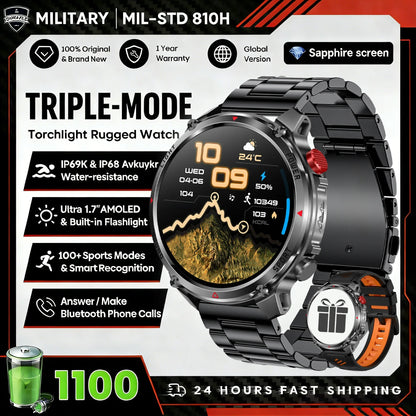 2026 Edition Military Outdoor Sports Smartwatch 1.7-inch AMOLED screen 1100 mAh battery LED flashlight Bluetooth call Waterproof