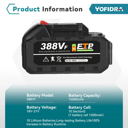 YOFIDRA 928VF 22500mAh Rechargeable Lithium Ion Battery 388VF 15000mAh 128VF Li-ion Battery For Electric Work Power Tool