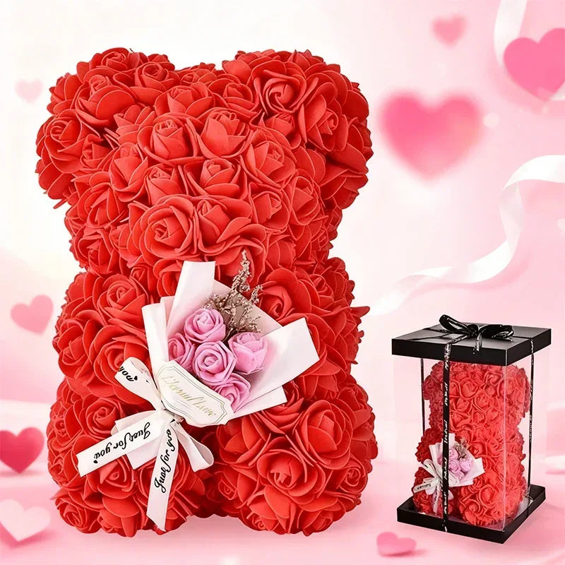Hot 25cm Foam Rose Bear Desktop Ornament Gift Valentine's Day Home Wedding Party Fake Flower Decoration Figurine Atmosphere Prop