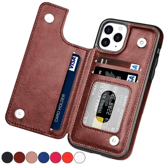 Wallet Double Button With Card Slot Stand Flip Leather Case For iPhone 16e 16 Pro Max 15 Plus 14 13 12 Mini 11 SE3 SE2 X XR 8 7 by PDG ibma