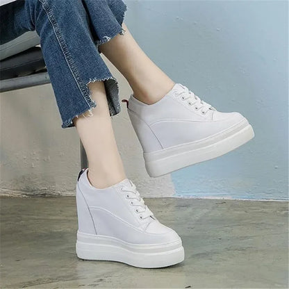 Genuine leather 10cm Increase Flat Platform Shoes Female Thick Sole Students Casual Shoes Woman  Lace Up Solid   Women Shoes