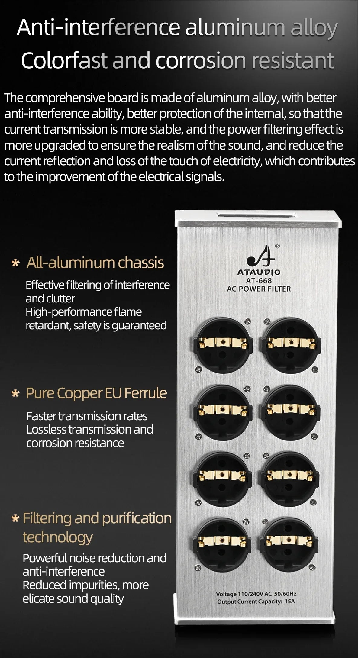 Hi-end EU Hifi Power Filter for Standard EU Socket Noise-free Audio Purifier Filter Power Conditioner with EU Outlets Strip