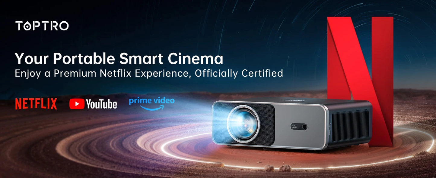 TOPTRO A1 4K Projector Official Netflix 1000ANSI Native 1080P Auto Focus & Keystone 38000 lumens BT5.2 WIFI6 Smart Home Theater