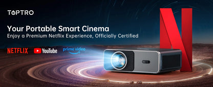 TOPTRO A1 4K Projector Official Netflix 1000ANSI Native 1080P Auto Focus & Keystone 38000 lumens BT5.2 WIFI6 Smart Home Theater