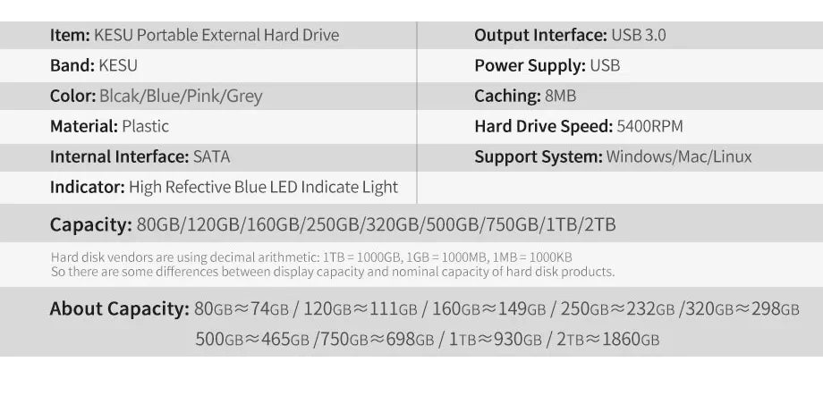 KESU External Hard Drive USB3.0 Portable 250gb/500gb/1tb/2tb High-Speed Storage Device for PC/Laptop, File Backup & Data Storage