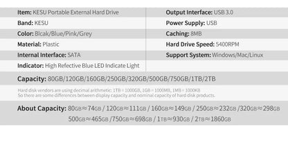 KESU External Hard Drive USB3.0 Portable 250gb/500gb/1tb/2tb High-Speed Storage Device for PC/Laptop, File Backup & Data Storage