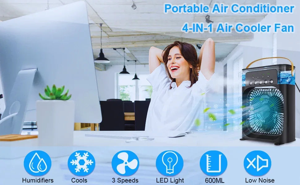 Portable Mini Air Cooler Humidifier Fan 3 Speed Mist Spray 7 Color LED 1/2/3 Hour Timer USB Desk Fan for Home Office Travel