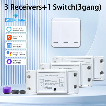Tuya WIFI Switch 433MHz Smart Home Automation Relay Module 1/2/3 Gang Wireless Wall Switch Home Control Works with Alexa Google