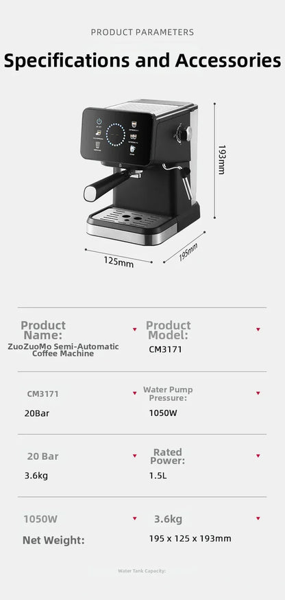 20Bar Pressure, Dual Brew (Hot/Cold), Smart Touchscreen, Milk Frother, Fast Heating, Energy Saving - Perfect for Home Baristas