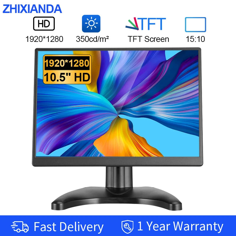 10.5 Inch CCTV Security Monitor 15:10 TFT LCD Screen 1920*1280 FHD Small TV Computer Display for PC CCTV With HDM VGA Interface