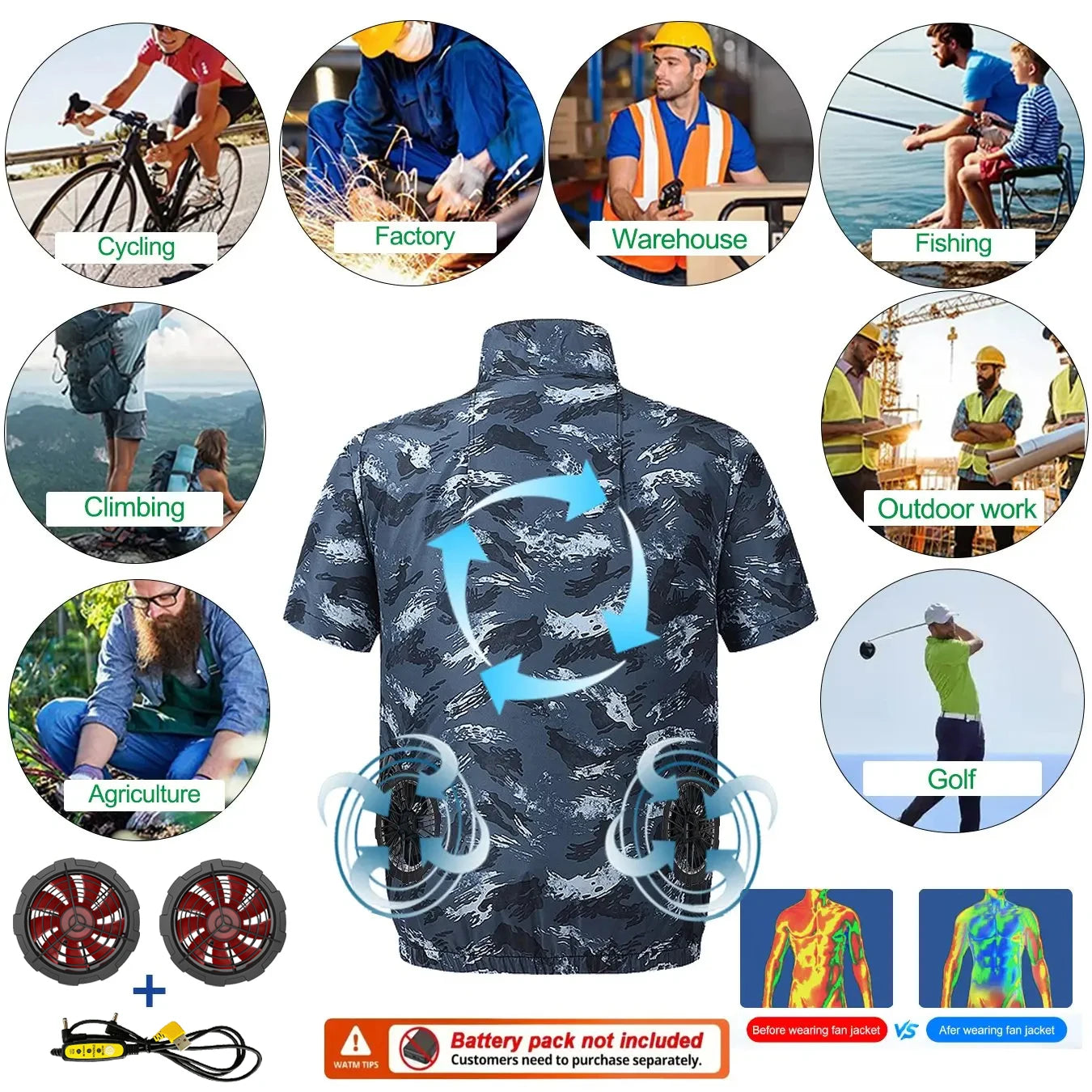 New Summer Men's Short Sleeve USB Fan Cooling Jacket for Outdoor Work Fishing, Cooling Vest for Heat Relief