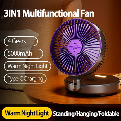 New 5000mAh Rechargeable 3IN1 Multifunctional Portable Fan Wall Mounted Fan 90° Folding Fan 4 Gears With Warm Night Light