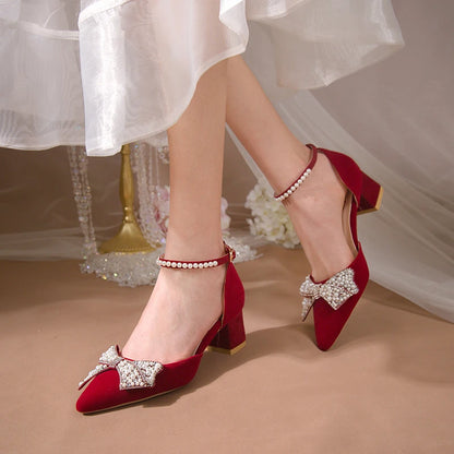 Maogu 2023 Pearl Bowtie Ankle Strap High Heels Shoes Woman Beige Red Bling Crystal Wedding Shoes Elegant Med Heels Women's Pumps