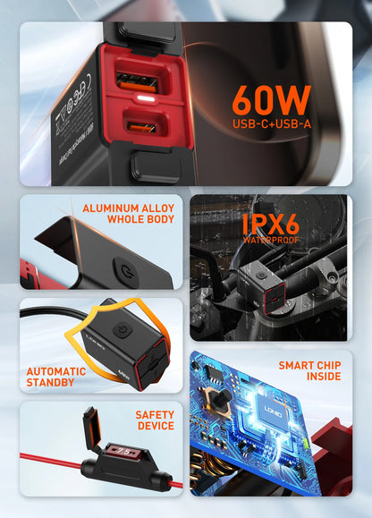 LDNIO Motorcycle USB C Fast Charger PD+QC3.0 60W Waterproof Socket Type C Cell Phone 12V/24V Vehicle-Mounted Charger Adapter