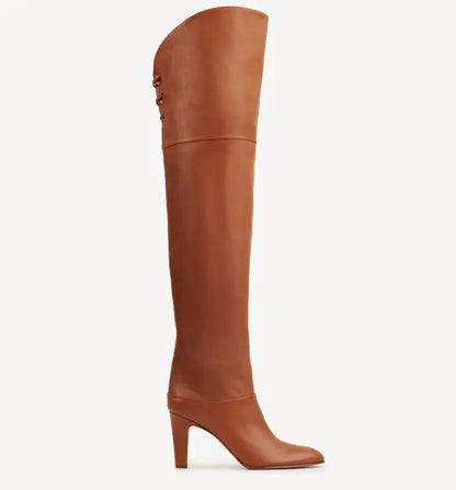 Autumn and Winter Women's Thick High-heeled Knee High Boots, Round Headed Cowhide Suede Fashionable Women's Plus Size Boots
