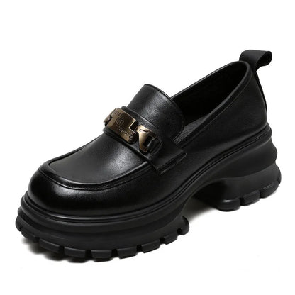 DRKANOL Women Genuine Leather Loafers 2026 Spring Autumn Thick High Heel Chunky Platform Handmade Retro Metal Trend Casual Shoes